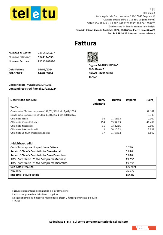 Italy TeleTu business utility bill template in Word and PDF format
